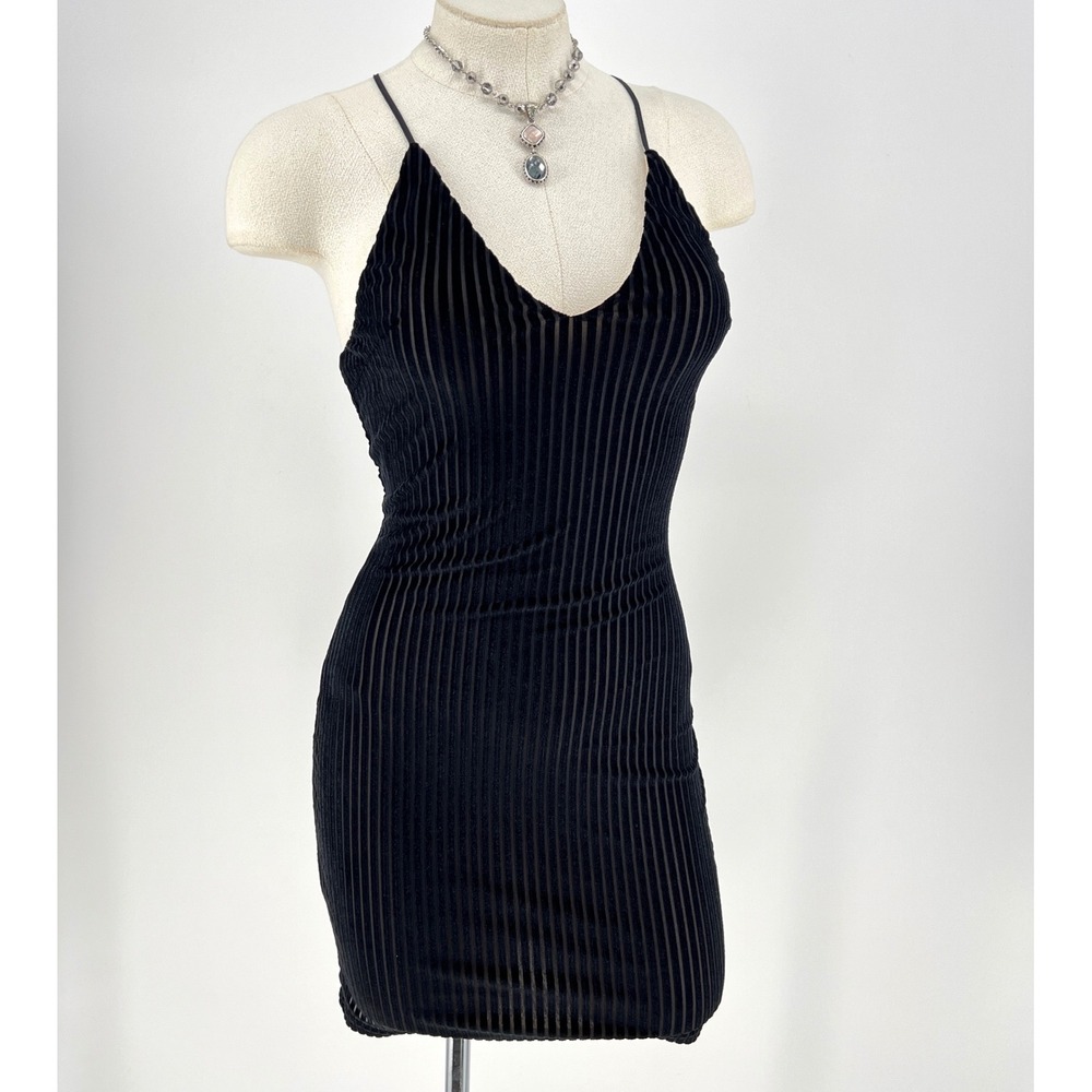 Tiger Mist Black Ribbed Velvet Bodycon Mini Dress Lace Up Back Womens Small